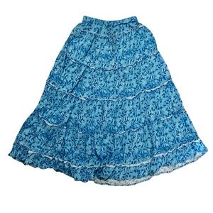 Blue floral maxi tiered skirt with elastic waistband, XS